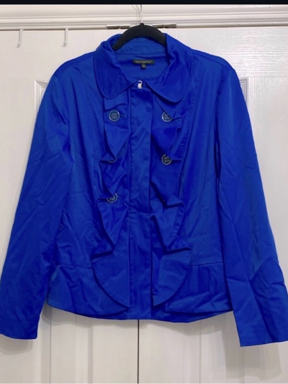 For Cynthia Electric Blue Ruffle-Front Trench Jacket